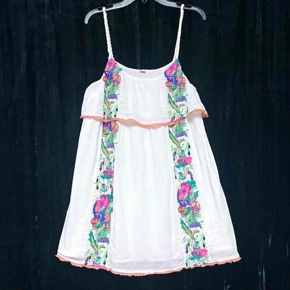 Free People Embroidered Mini Slip Dress Gauze White Crochet Beach Party XS Boho - Picture 14 of 14